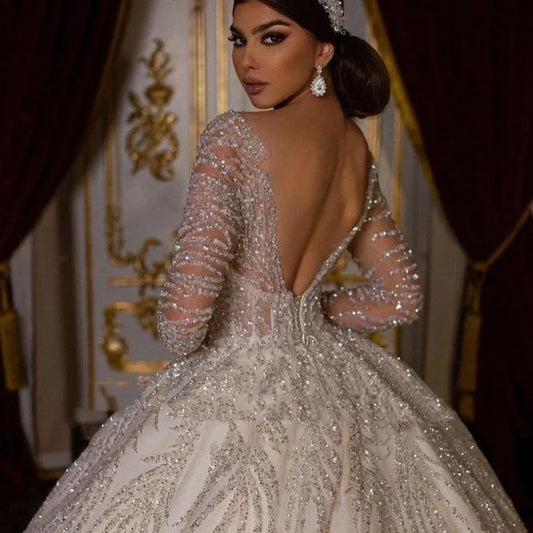 Customized Long Sleeve Shiny Ball Gown Wedding Dresses Backless Robe Mariage Sequined Vintage Princess Vestido de novia boda