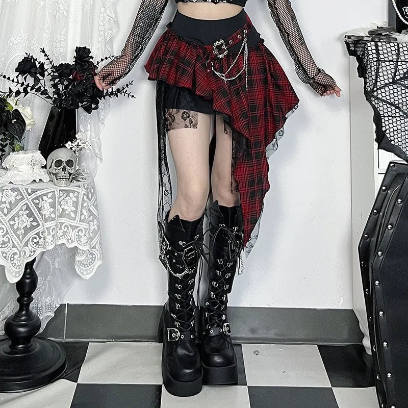 Cyber Punk Dark Gothic Skirt Women Streetwear Harajuku Irregular Patchwork Red Plaid Skirt Hotsweet Y2k Clubwear Skirt