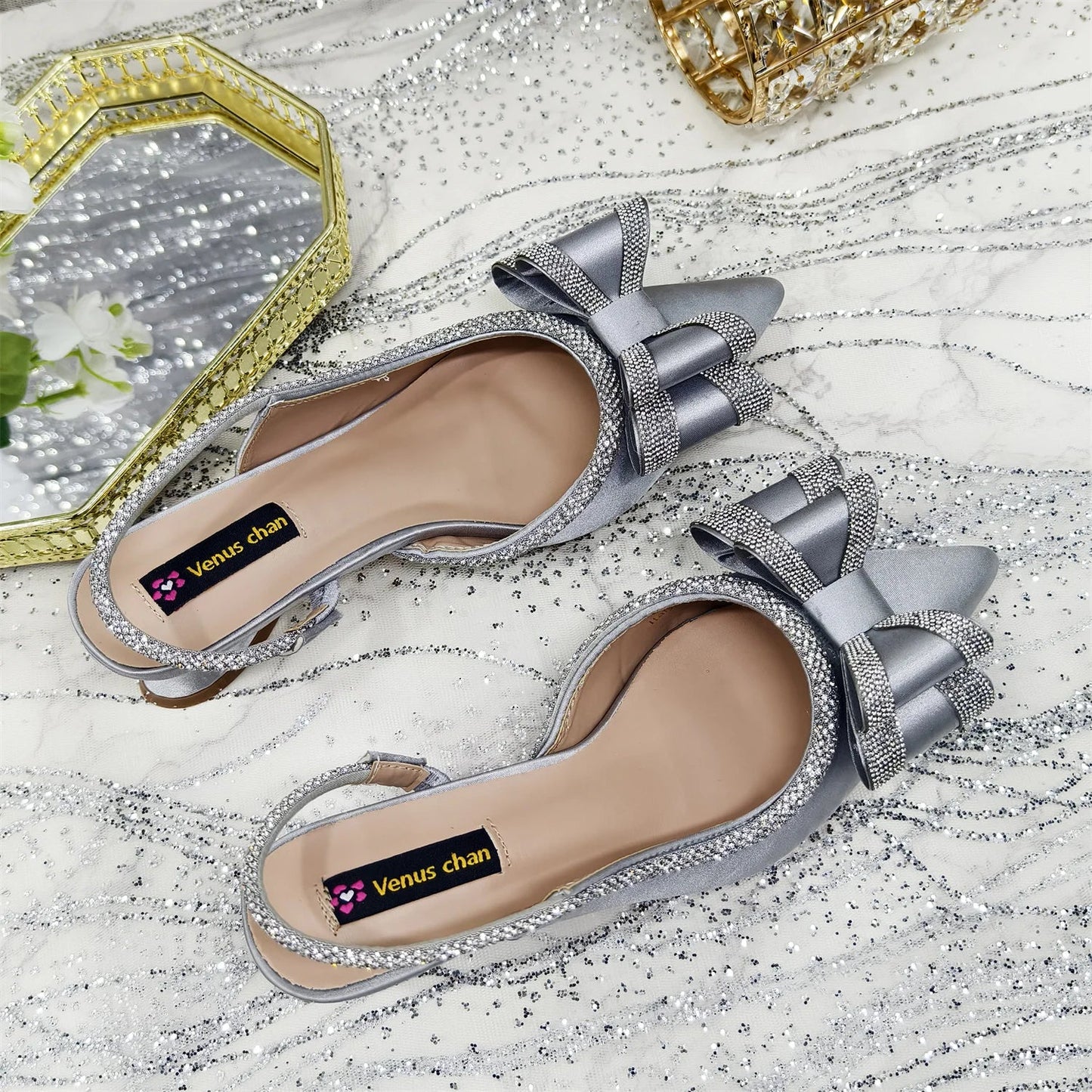 Wonem Shoes And Bags for Party Rhinestone Bow Pointed-Toe Women's High Heels Wedding Shoes