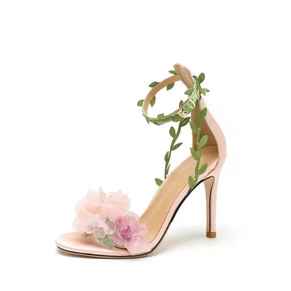 Summer Pink Sweet Chiffon Flower Dream High Heels Lace up Sandals Wedding Banquet Women's Shoes