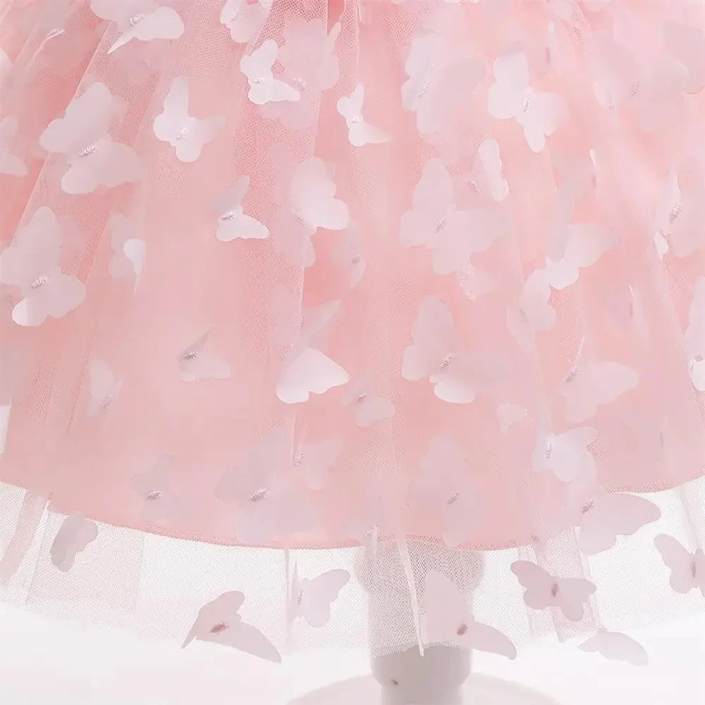 Vestido Borboleta Branco e Rosa de Verão para Meninas Vestido de Noiva de Tule Roupa de Batizado Roupa de Bebê Menina 1º Aniversário