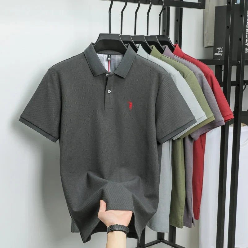 Camiseta polo masculina de algodão 100% puro, respirável, manga curta, marca de luxo, bordada, solta, casual de verão, para negócios