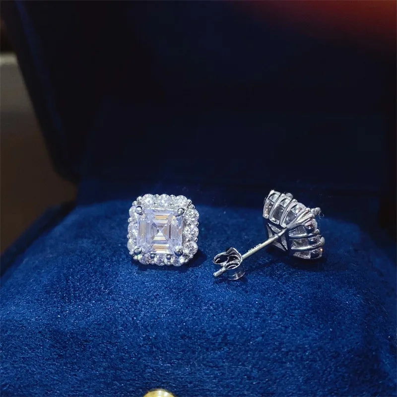 1/2carat Asscher Cut Moissanite Stud Earrings with Certificates Square Halo Diamond Earring for Women 925 Silver Fine Jewelry