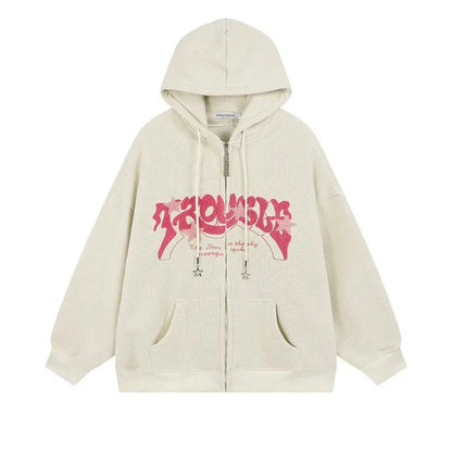 Fashion Embroidery Zip Up Hoodies Women Autumn Long Sleeve Tops Loose Hood Shirt Harajuku Y2K Clothes Female Sweatshirt Jacket
