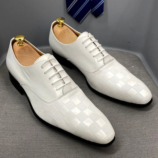 Size 7-12 Classic Italy Mens Oxford Real Leather Shoes White Lace Up Pointed Toe Wedding Party Dress Formal Shoes for Men