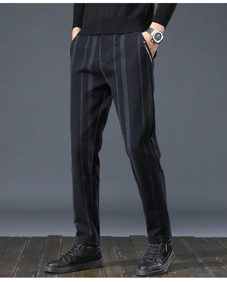 Autumn New Men's Slim Casual Pants  Fashionable Fit Elastic Business Pants High Quality Stripe Classic 3-colors Male Trousers