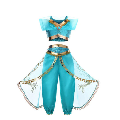 Kids Arabian Princess Dress Girls Halloween Jasmine Costume Children Carnival Cosplay Party Disguise Girl Sequins Pageant Outfit