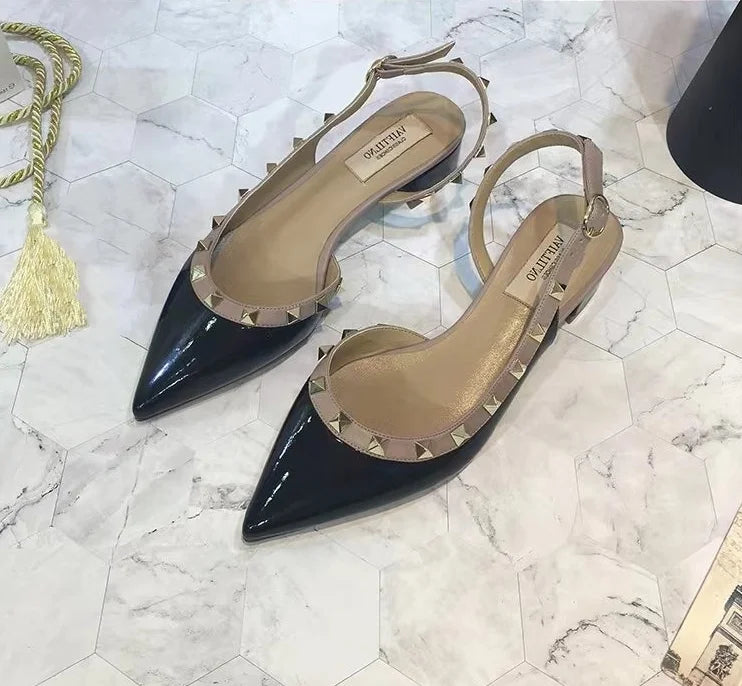 High-quality fashionable high-heeled shoes. Women's retro rivet pointed-toe patent leather casual comfortable office sandals