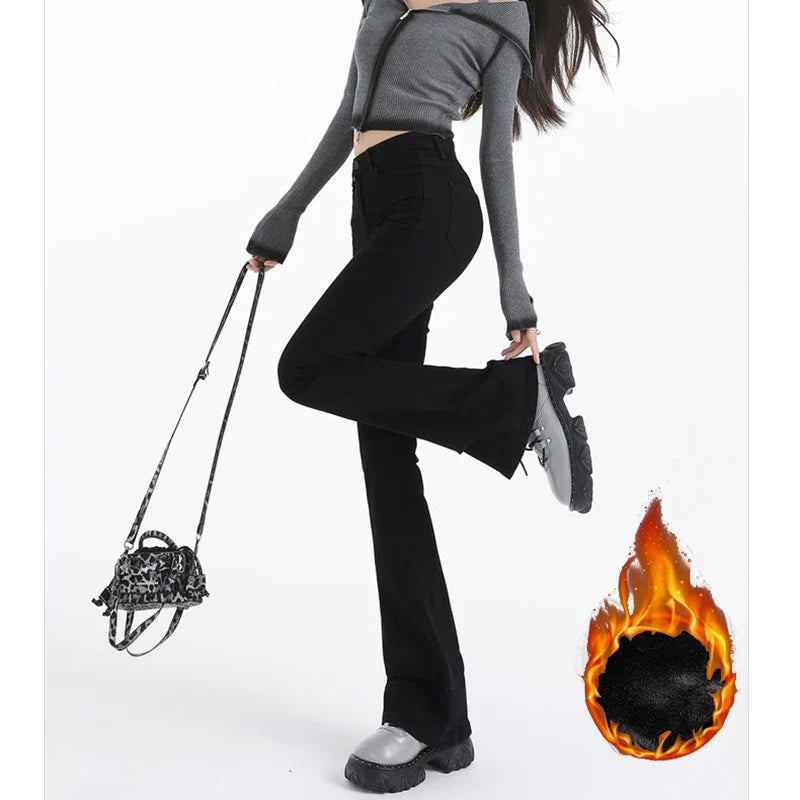 Winter Girls Chic Thermal Plush High Waist Flared Jeans