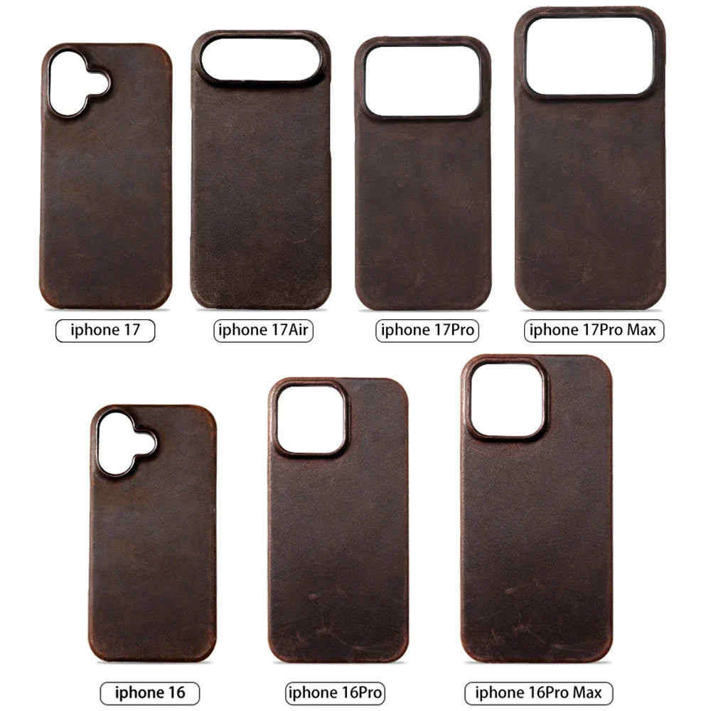 Magsafe Case for iPhone 15 16 17 Pro Max Air Retro Luxury Full Grain Cowhide Genuine Oiled PULL-UP Leather Magnetic Cover