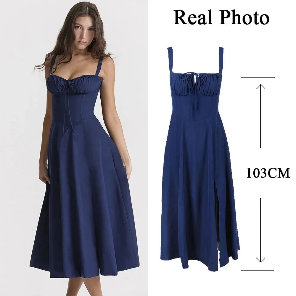 Full Lining Elegant Lace Up Holiday Party Dresses Midi Sexy Spaghetti Strap Split Dress White Summer Dress Women 2023