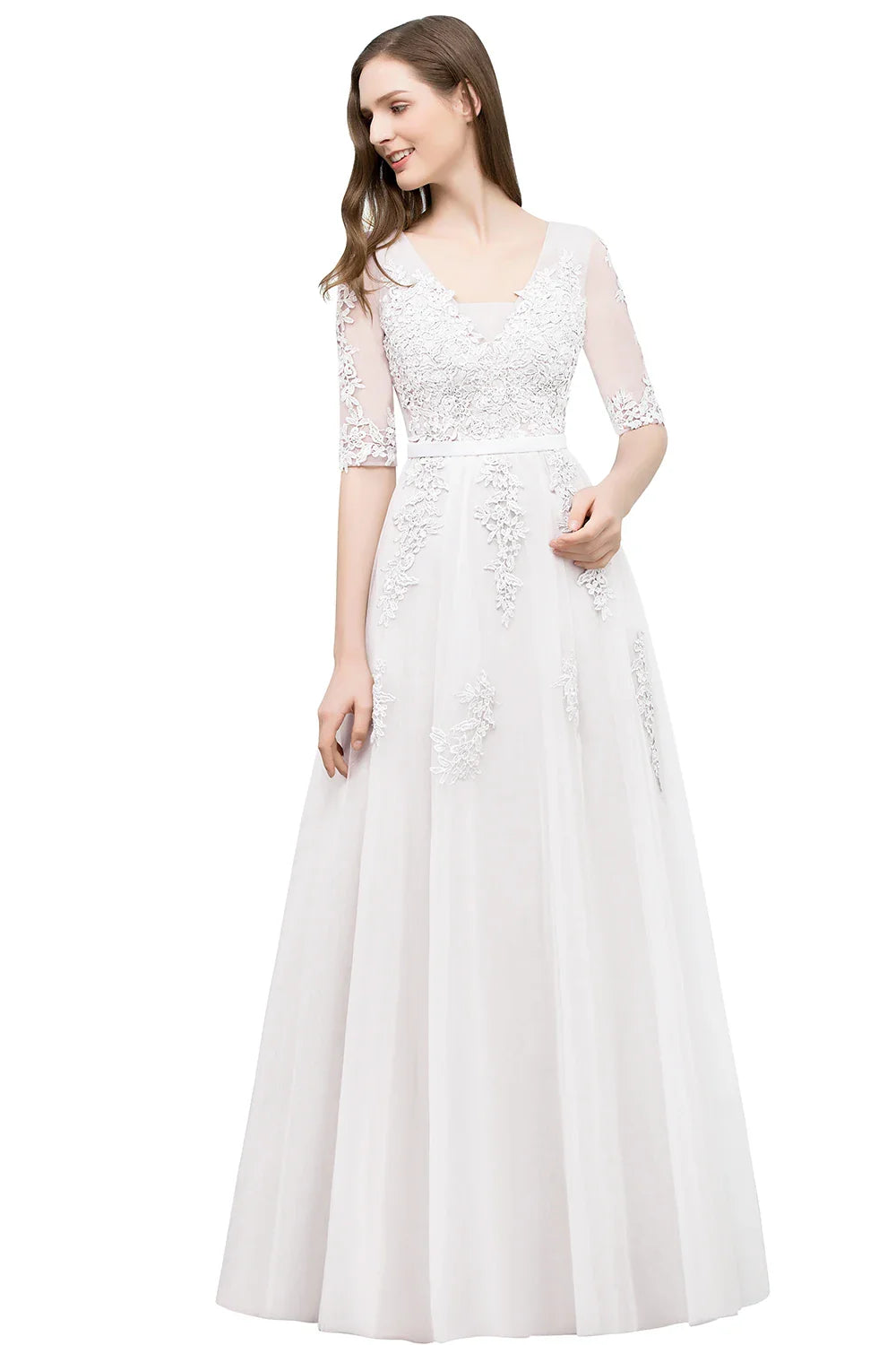 Elegant Half Sleeve Evening Dresses Lace Appliques A-Line Long Tulle Strap V-Neck Sheer Backless Prom Dress Empire Party Gowns