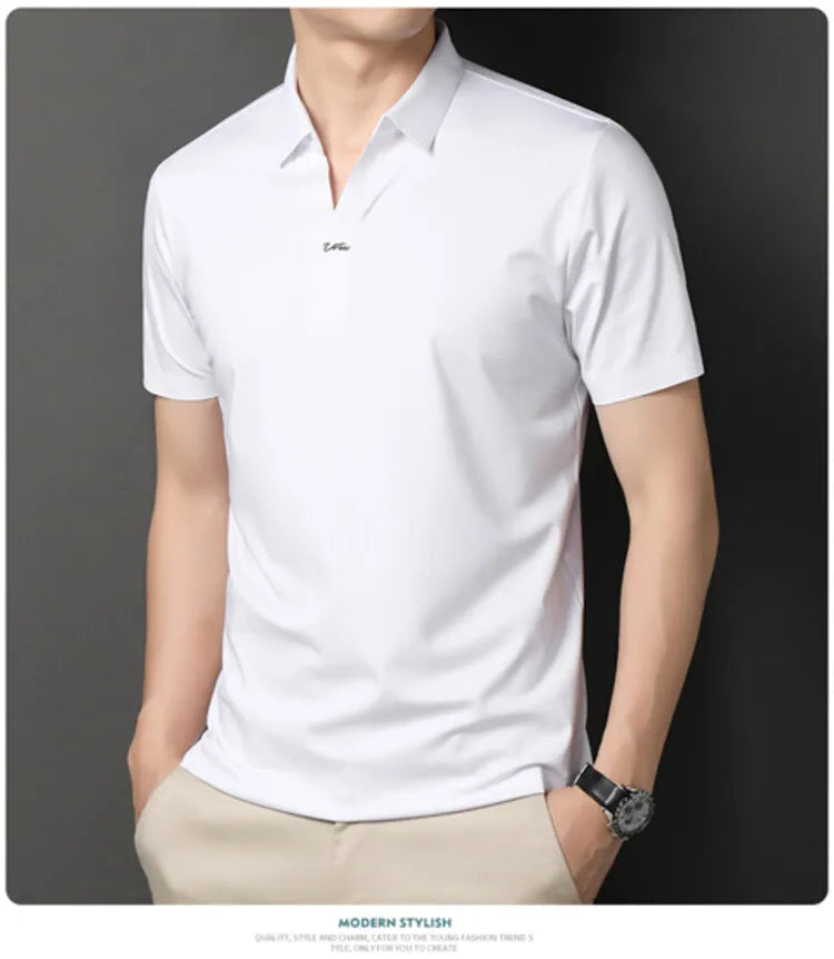2024 High-quality Elastic Stretch POLO, Business Casual Men's Short-sleeved Shirt, Seamless V-neck M-4XL Men's Polo Shirt