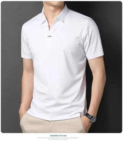 2024 High-quality Elastic Stretch POLO, Business Casual Men's Short-sleeved Shirt, Seamless V-neck M-4XL Men's Polo Shirt