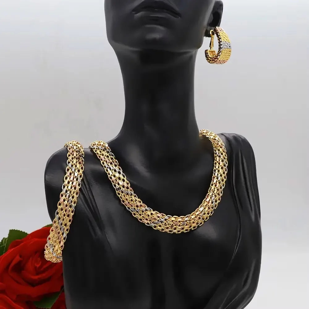 Dubai Luxury Handmade Women Jewelry Set 18k Gold-Plated Chain Necklace Bracelet Stud Earring Full Set Party Wedding Bijoux