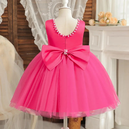 Princess Girl Bow Dress Kids Tulle Wedding Guest Party Birthday Pearls Elegant Bridesmaid Pageant Prom Ball Gown Gift
