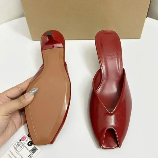 Brand Peep Toe Women High Heeled Sandals Patent Leather Banquets Designer Stilettos Big Size Elegant Sexy Ladies Mules Shoes