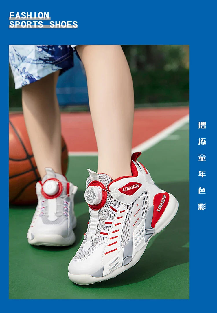 New Children Basketball Shoes Swivel Button Boys Fashion Sneakers Girls School Sport Shoes Kids Casual Trainers Outdoor Shoes