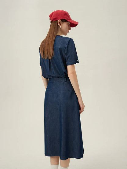 2025 New Arrival Women Zipper Waist Office Lady Elegant Grey Skirt Pleated Design Navy Blue Color Long Skirt Daily Outfits