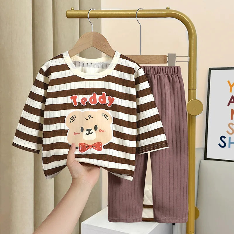 Cartoon Bear Print Tops+Trouser Fashion Home Clothing Boys And Girls Spring Summer 2024 New Sleepwear 2pcs Toddler Thin Suits