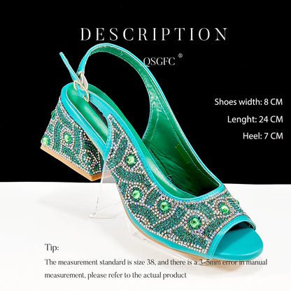 Rhinestone Design INS Hot Sale New Arrivals African Shoes and Bag Set in Green Color Open Toe Comfortable Women Heels