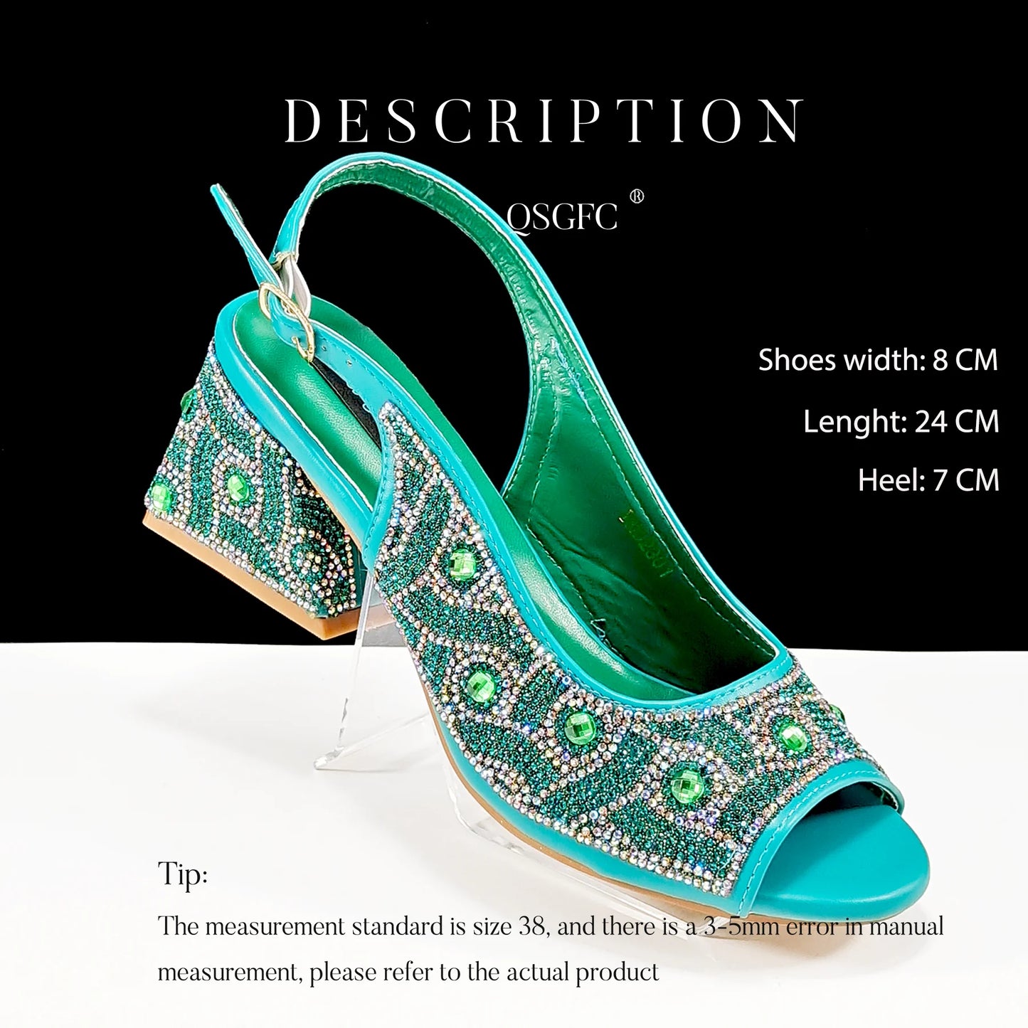 Q Rhinestone Design INS Hot Sale New Arrivals African Shoes and Bag Set in Green Color Open Toe Comfortable Women Heels