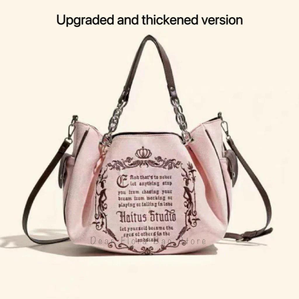 Bolsa Tote Feminina Rosa Vintage Y2K Gótica Estética Grande Capacidade Bordado Letra Retrô Corrente Grunge Viagem Ombro