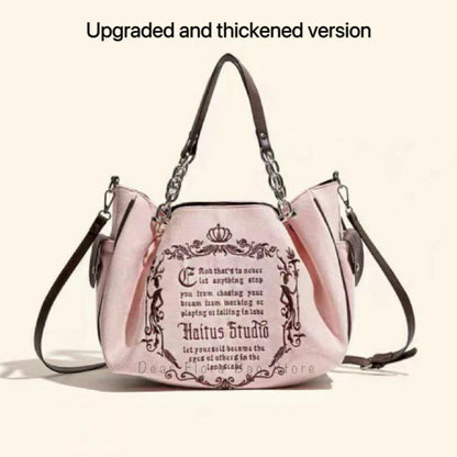 Bolsa Tote Feminina Rosa Vintage Y2K Gótica Estética Grande Capacidade Bordado Letra Retrô Corrente Grunge Viagem Ombro
