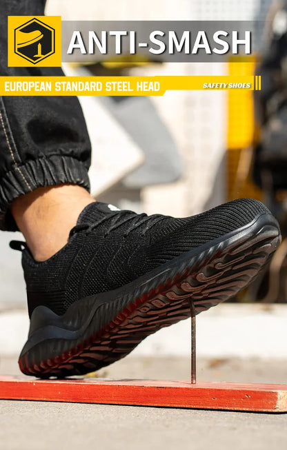 Men‘s Safety Shoes with Steel Toe Puncture Proof Anti-smash Work Sneakers Lightweight Breathable Black Sneakers for Construction