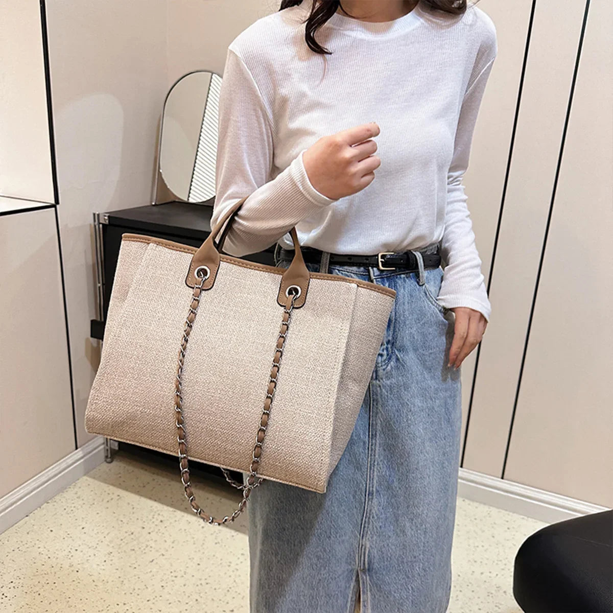 Matte Canvas Shoulder Bag Solid Color with Chain Strap Lightweight Large Capacity Embroidered Zipper Classic Handbag