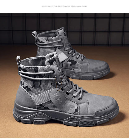 Men's canvas boots autumn winter new plus velvet high-top warm casual boots outdoor boots camouflage tooling boots desert boots