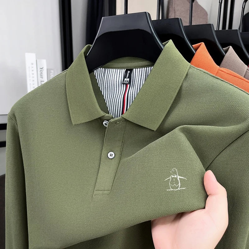 100% High-quality Cotton Latest Men's Polo Long Sleeve Autumn Spring Warm Fashionable Business Casual Cozy Delicate Embossed Top