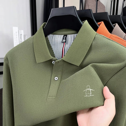 100% High-quality Cotton Latest Men's Polo Long Sleeve Autumn Spring Warm Fashionable Business Casual Cozy Delicate Embossed Top