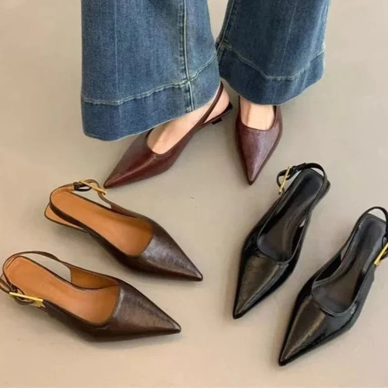 Sexy Pointed Toe Mid Heels Sandals Women Shoes Slingback Summer 2025 Trend Dress Leather Pumps New Elegant Party