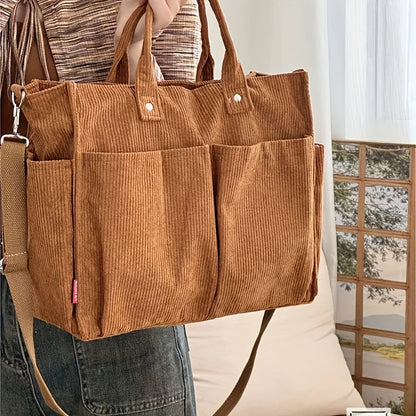 Corduroy Crossbody Tote Bag Stylish Commuter Shoulder Bag with Multiple Spacious Pockets Handbag For Women