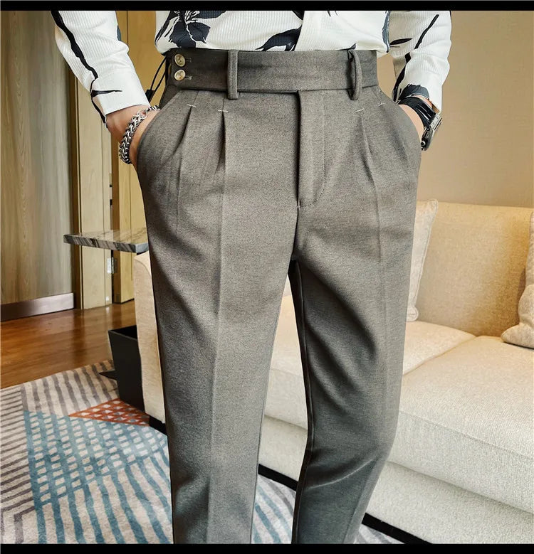 Men's Slim Fit Naples Business Casual Trousers Made of Autumn and Winter Wool, Thickened for Warmth, Classic Ankle-length Pants.