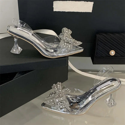 Summer Fashion Women Pumps Sandals Sexy Slingback High Heels Rhinestones Elegant Pointed Toe Transparent PVC Party Shoes