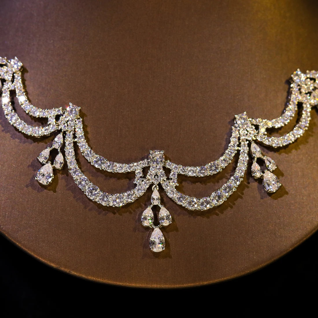 High Quality Two-layer Wavy Necklace Light Luxe Zircon Jewelry Set Bride Wedding Dress Accessories  Ornaments Girlfriend's Gift