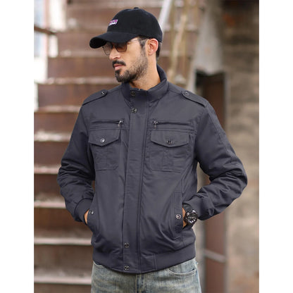 Men's Fleece Jackets Windbreaker Coats Fall Winter Thermal Bomber Jackets Multi-pockets Stand Collar Motorcycle Jacket
