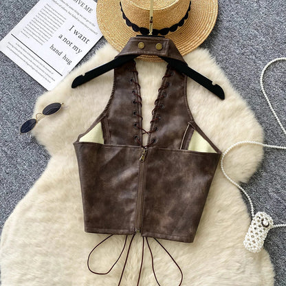 New Sexy Crop Top Inside Women Black PU Leather Rope Strap Hollow Out Punk Style Tank Tops Vest Fashion Backless Club Party Wear