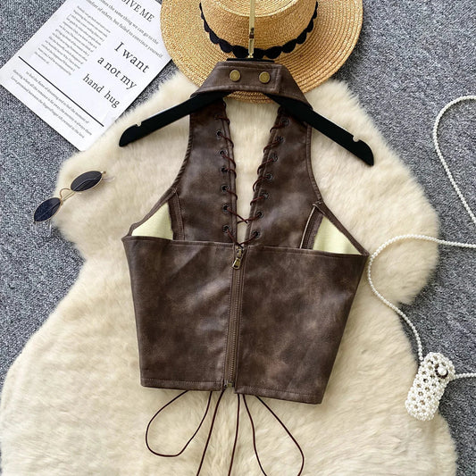 New Sexy Crop Top Inside Women Black PU Leather Rope Strap Hollow Out Punk Style Tank Tops Vest Fashion Backless Club Party Wear