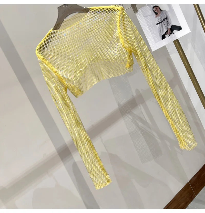 new sexy bright diamond short top Slim thin Ms. hot drill long-sleeved T-shirt sexy leak waist nightclub