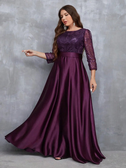 Neck long sleeve sequin patchwork satin long gown ball dress Party dress Bridesmaid dress