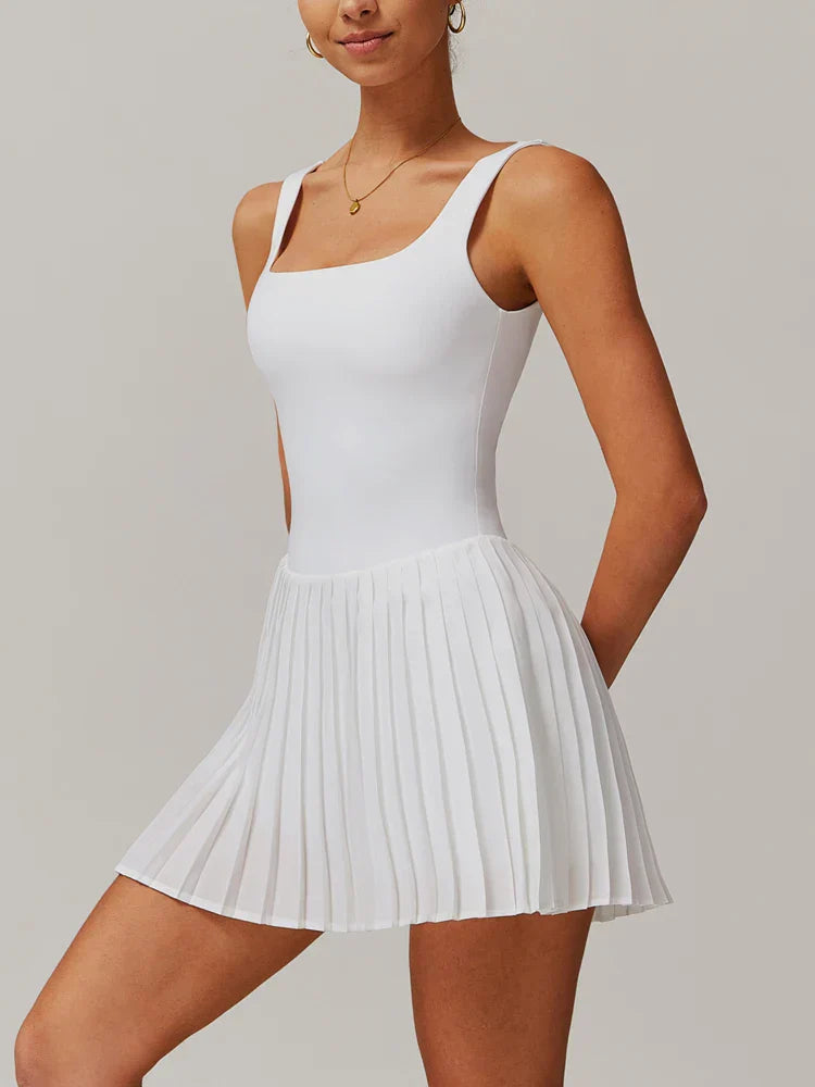 Workout Tennis Dress with Built in Shorts Square Neck Padded Workout Dress with Pockets Golf Athletic Mini Dresses