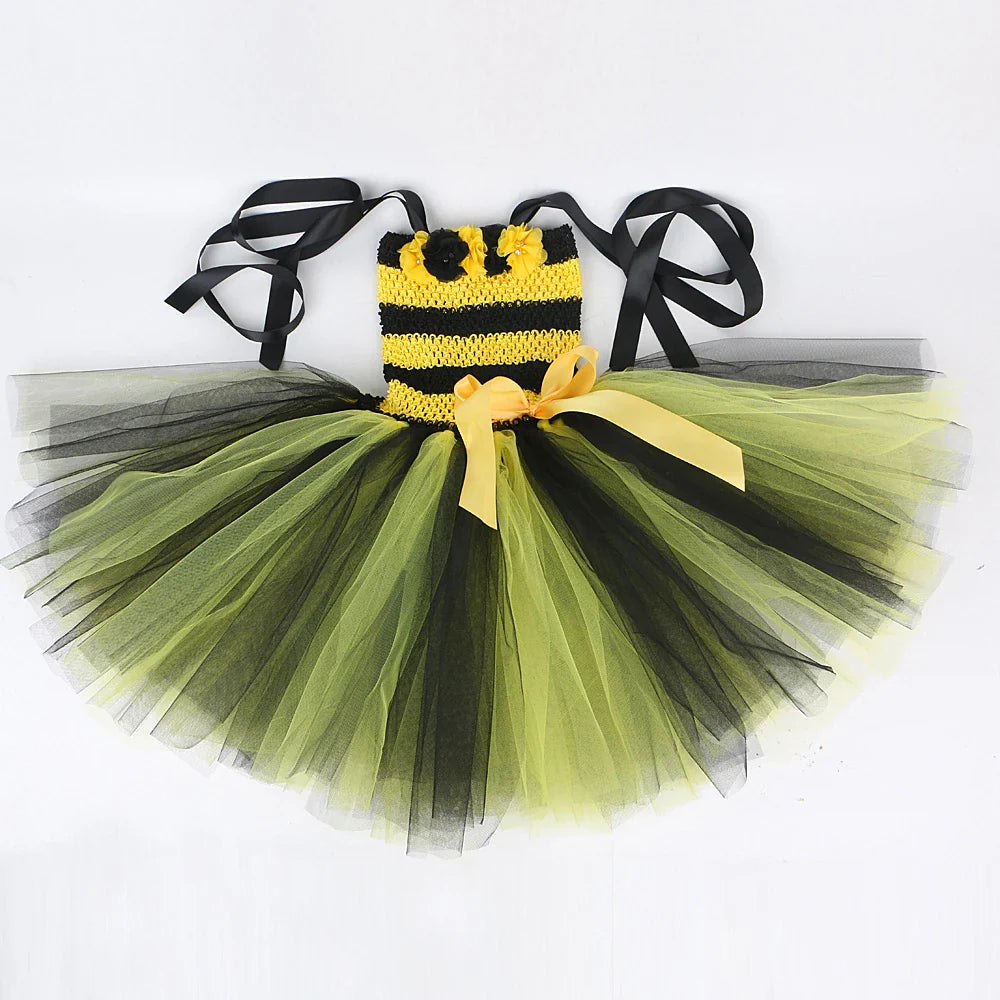 Baby Girls Flower Honeybee Costumes for Kids Yellow Black Little Bee Tutu Dress with Wings Children Birthday Halloween Outfits