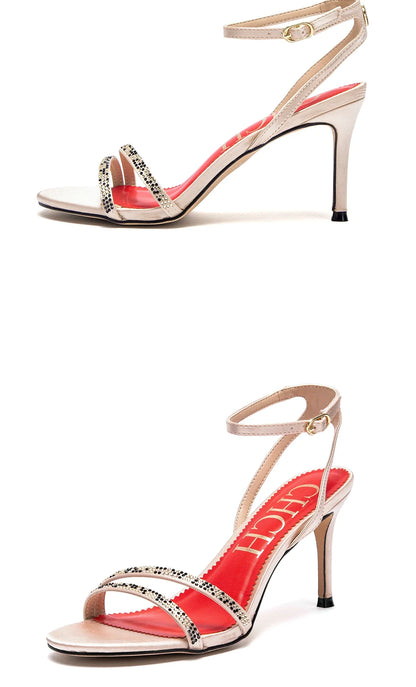 Woman's  Heels Summer Satin Open Toe Ankle Strap Girls Sandals 8cm