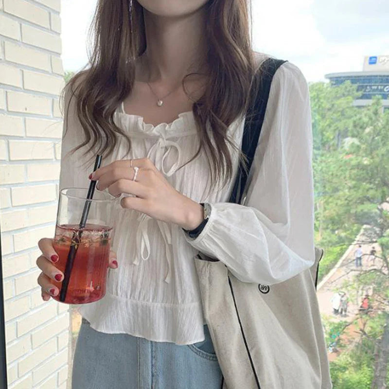Fashoin New Vintage Loose White Blouse Women Casual Long Sleeve Ruffled Shirt Tops Fashion Square Collar Solid Lady Shirts 11700