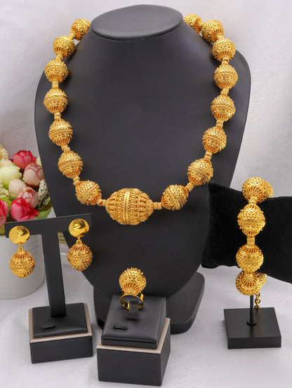 Long Necklace Fashion Dubai Gold Plated Jewelry Sets for Woman Bridal Wedding Earrings Ring Bracelet African Jewelry Set