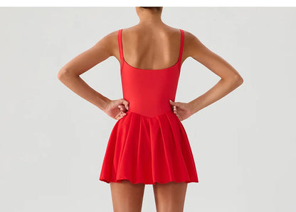 Women's Summer Sleeveless Sports Dress Breathable Tennis Dress One-Piece Mini Skirt Golf Skirts Jumpsuit With Pockets