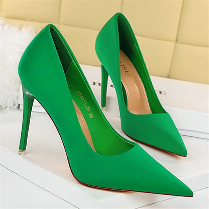 Women 7.5cm 10.5cm High Heels Scarpins Silk Satin Pumps Lady Quality Green Purple Fetish Wedding Bridal Mid Low Heels Prom Shoes